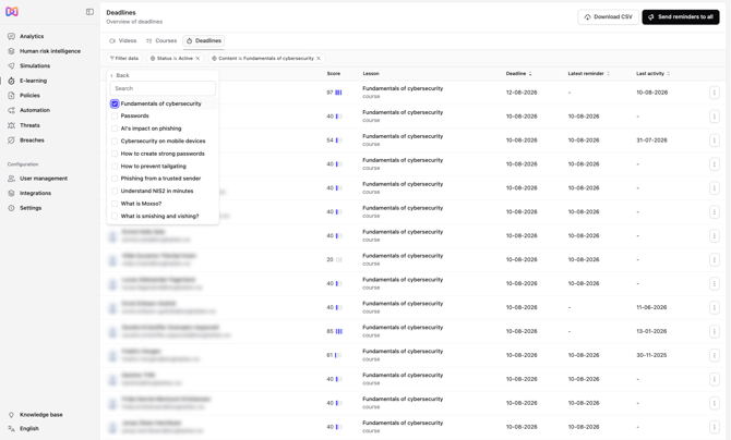 Deadlines filter by content