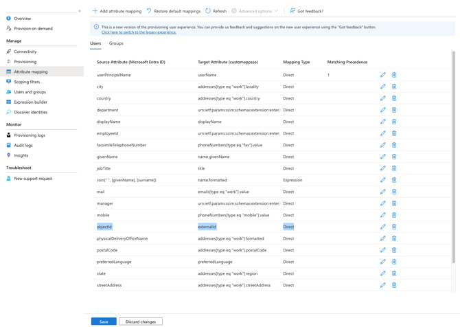 Entra attribute mapping newer UI