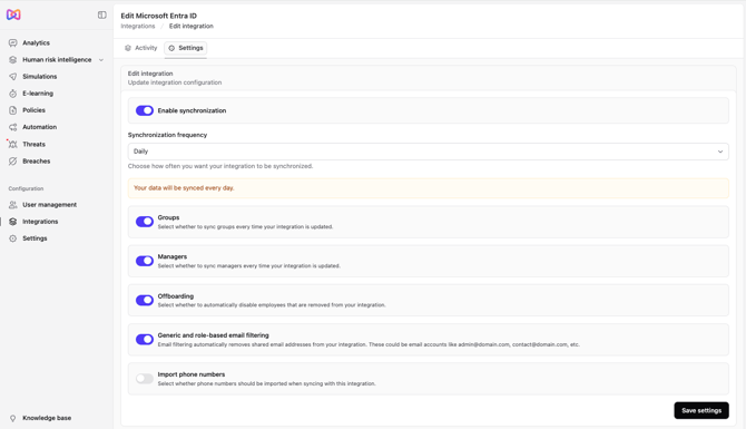 Integration settings