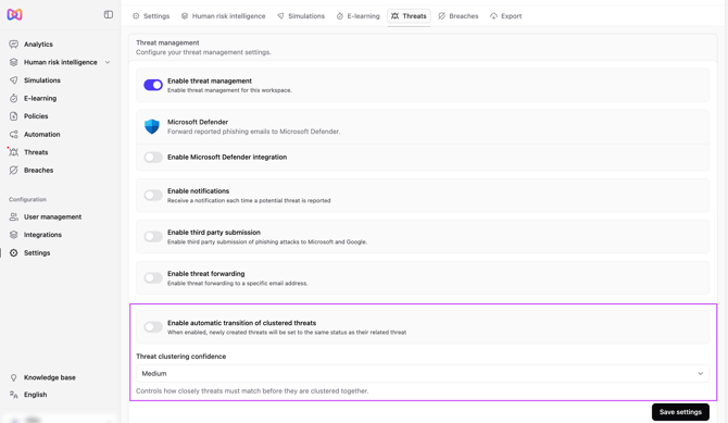 Threat management grouping settings