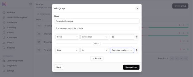 User management Adaptive groups Settings