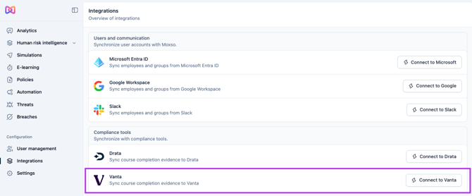 Vanta Integration Main Screen